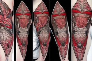 art fusion geometric style robin mid-flight, dynamic, small amount of red accent tattoo idea