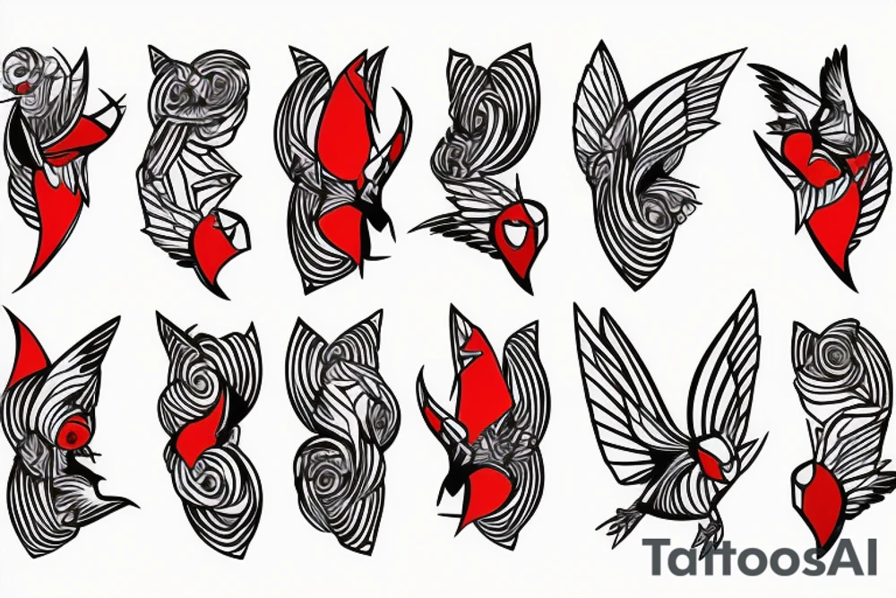 art fusion geometric style robin mid-flight, dynamic, small amount of red accent tattoo idea