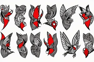 art fusion geometric style robin mid-flight, dynamic, small amount of red accent tattoo idea