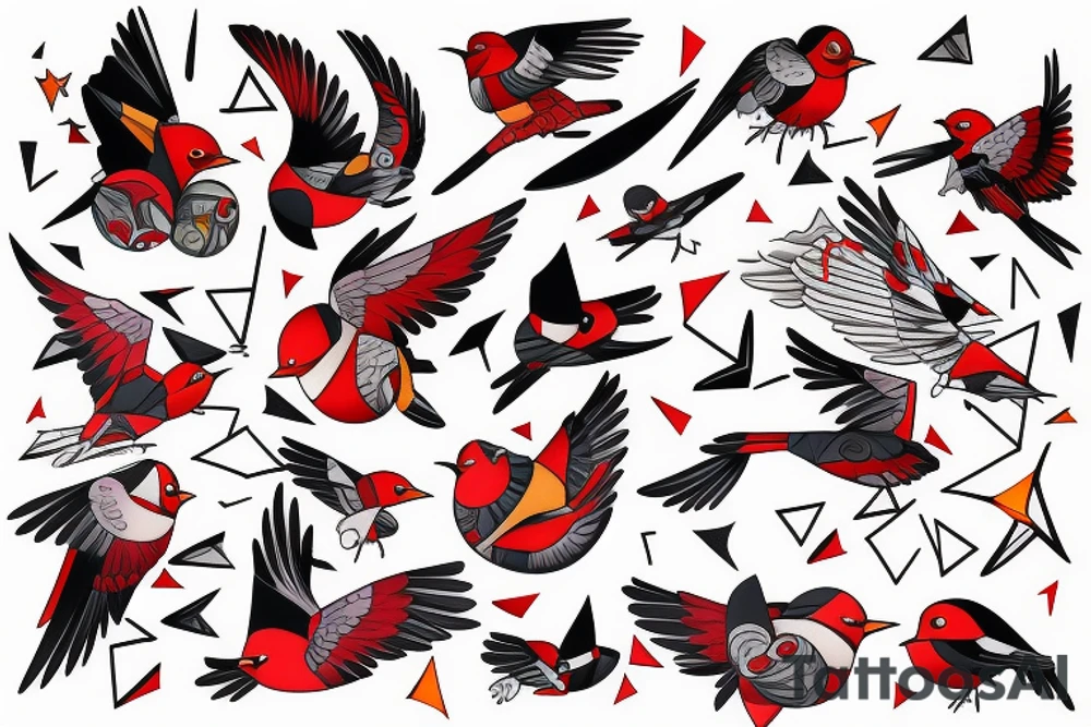 art fusion geometric style robin mid-flight, dynamic, small amount of red accent tattoo idea