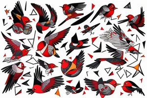 art fusion geometric style robin mid-flight, dynamic, small amount of red accent tattoo idea