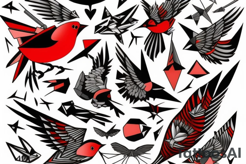 art fusion geometric style robin mid-flight, dynamic, small amount of red accent tattoo idea