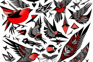 art fusion geometric style robin mid-flight, dynamic, small amount of red accent tattoo idea