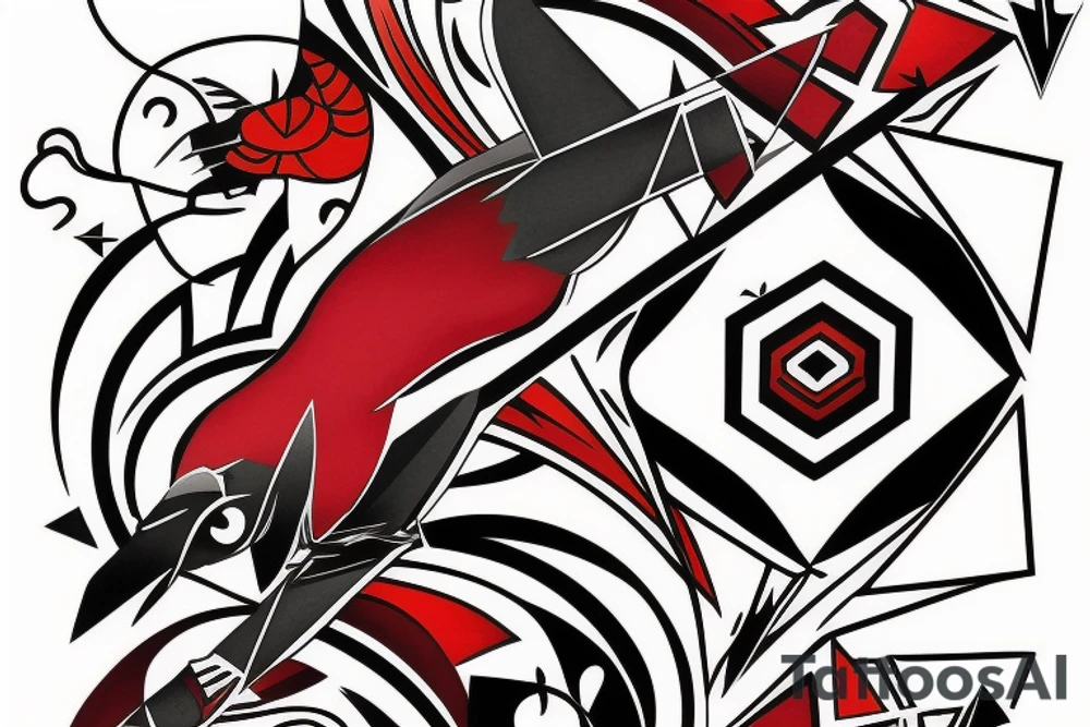 art fusion geometric style robin mid-flight, dynamic, small amount of red accent tattoo idea
