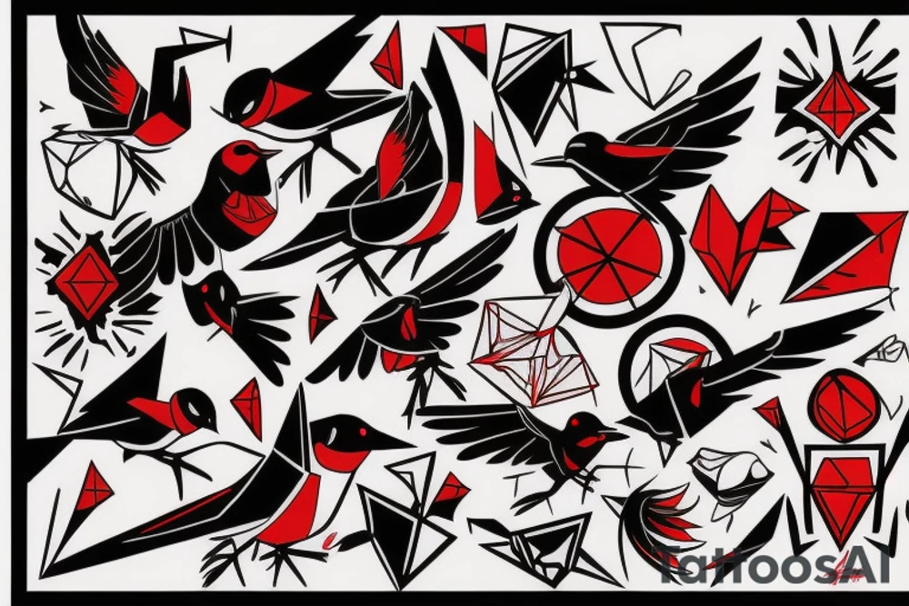 art fusion geometric style robin mid-flight, dynamic, small amount of red accent tattoo idea