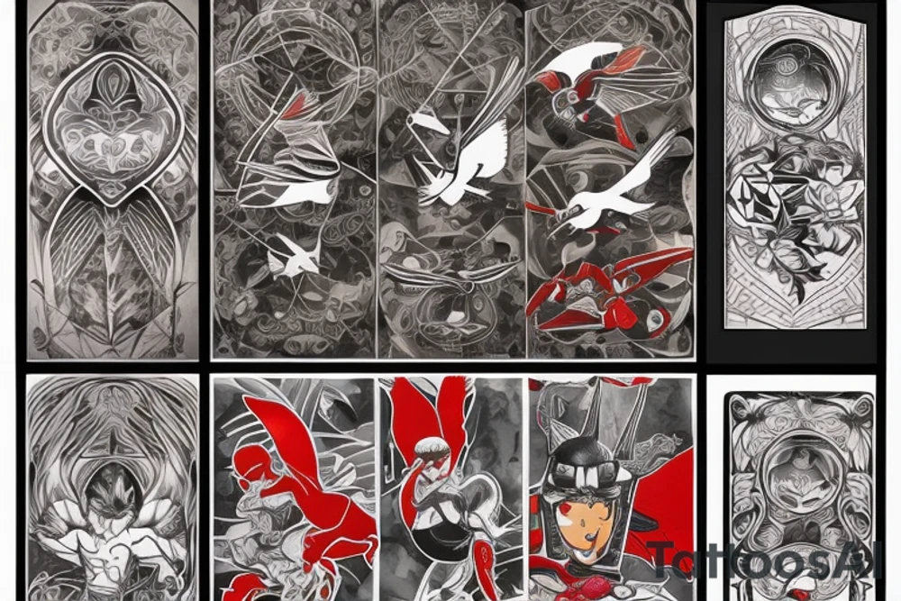 art fusion geometric style robin mid-flight, dynamic, small amount of red accent tattoo idea