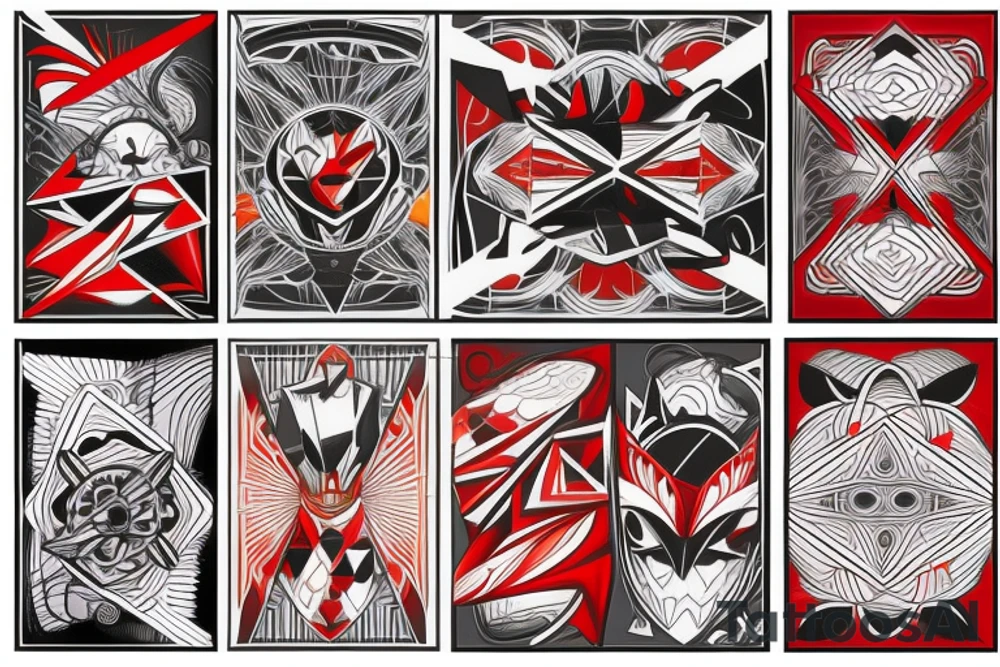 art fusion geometric style robin mid-flight, dynamic, small amount of red accent tattoo idea