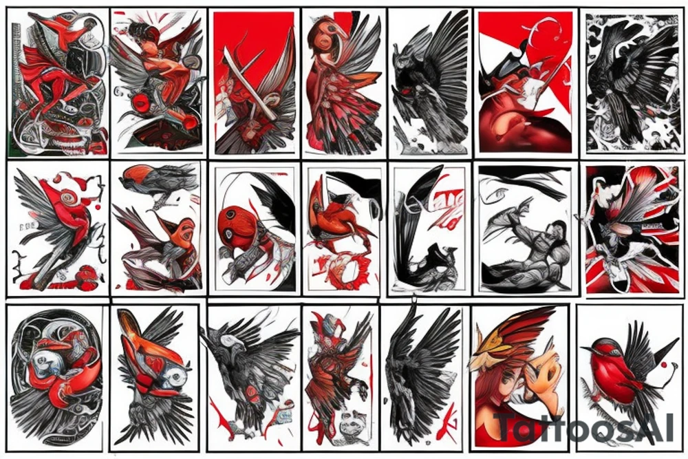 art fusion style robin mid-flight, dynamic, small amount of red accent tattoo idea