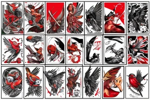 art fusion style robin mid-flight, dynamic, small amount of red accent tattoo idea