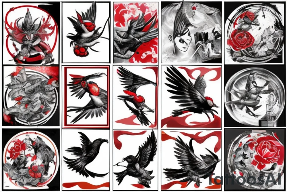 art fusion style robin mid-flight, dynamic, small amount of red accent tattoo idea