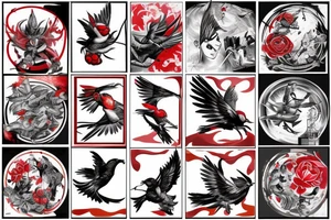 art fusion style robin mid-flight, dynamic, small amount of red accent tattoo idea