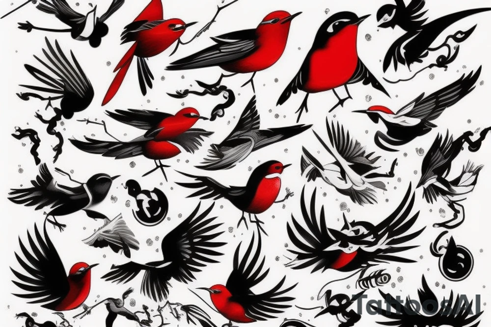 art fusion style robin mid-flight, dynamic, small amount of red accent tattoo idea