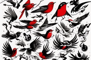 art fusion style robin mid-flight, dynamic, small amount of red accent tattoo idea