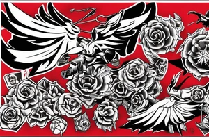 art fusion style robin mid-flight, dynamic, small amount of red accent tattoo idea