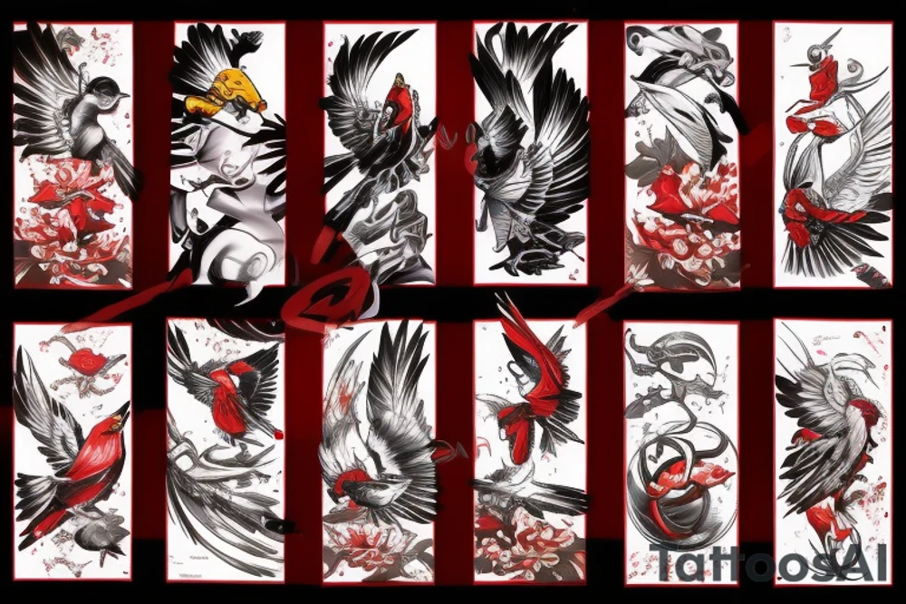 art fusion style robin mid-flight, dynamic, small amount of red accent tattoo idea