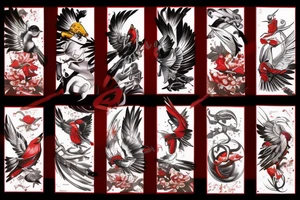 art fusion style robin mid-flight, dynamic, small amount of red accent tattoo idea