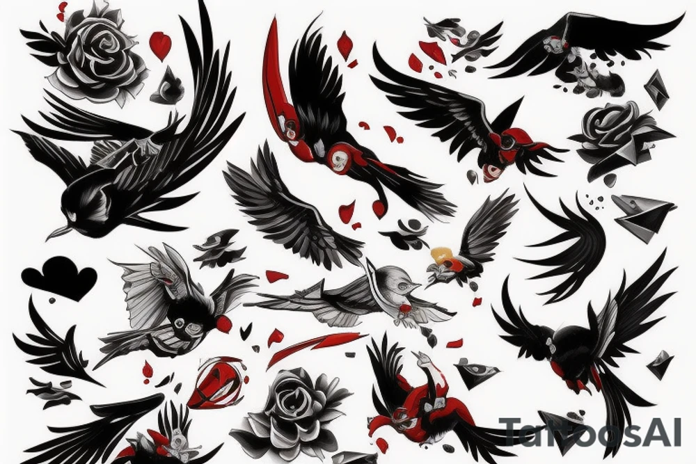 art fusion style robin mid-flight, dynamic, small amount of red accent tattoo idea