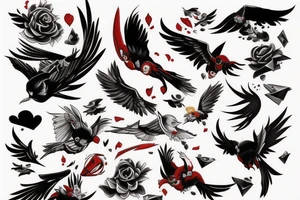 art fusion style robin mid-flight, dynamic, small amount of red accent tattoo idea