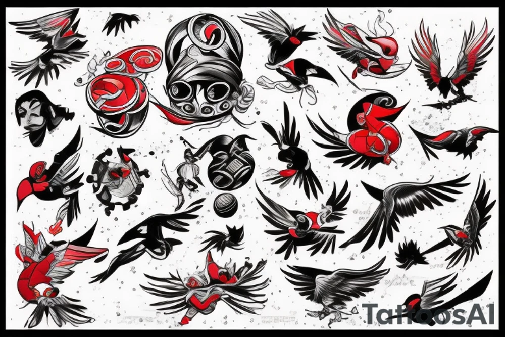art fusion style robin mid-flight, dynamic, small amount of red accent tattoo idea