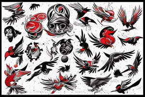 art fusion style robin mid-flight, dynamic, small amount of red accent tattoo idea
