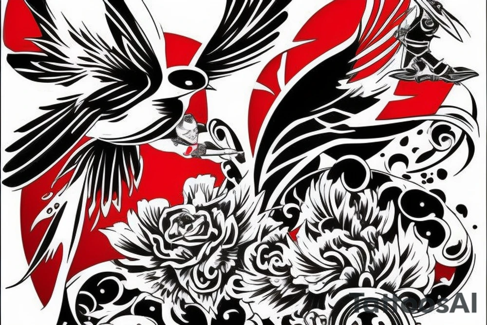 art fusion style robin mid-flight, dynamic, small amount of red accent tattoo idea