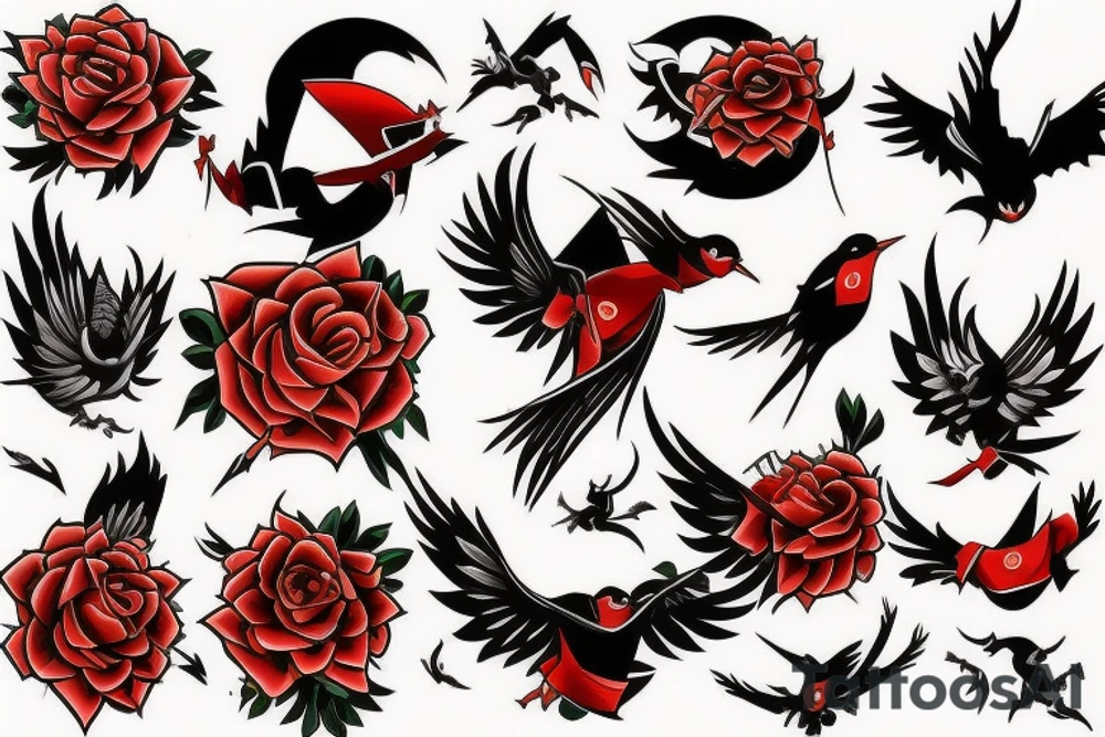 art fusion style robin mid-flight, dynamic, small amount of red accent tattoo idea