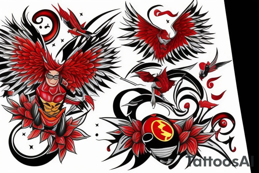 art fusion style robin mid-flight, dynamic, small amount of red accent tattoo idea