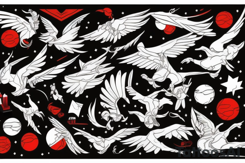 art fusion style robin mid-flight, dynamic, small amount of red accent tattoo idea