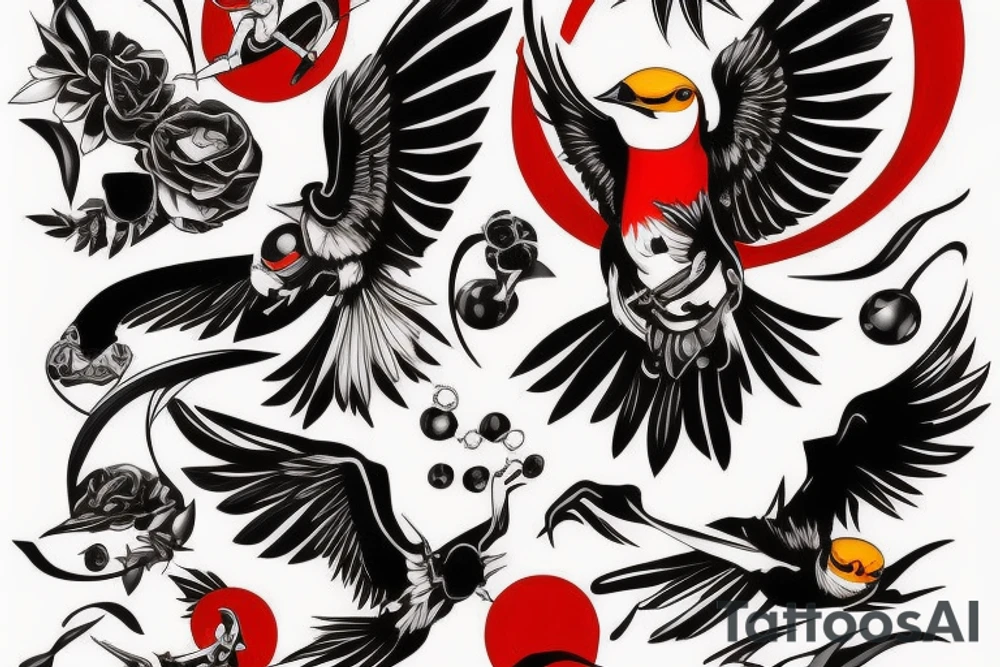 art fusion style robin mid-flight, dynamic, small amount of red accent tattoo idea
