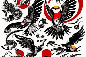 art fusion style robin mid-flight, dynamic, small amount of red accent tattoo idea