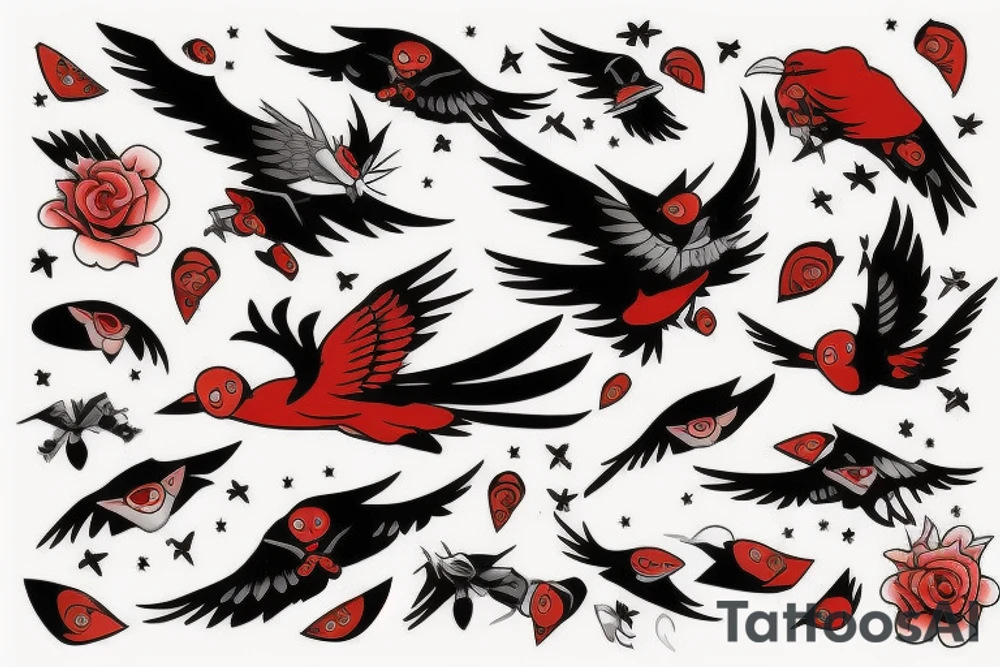art fusion style robin mid-flight, dynamic, small amount of red accent tattoo idea