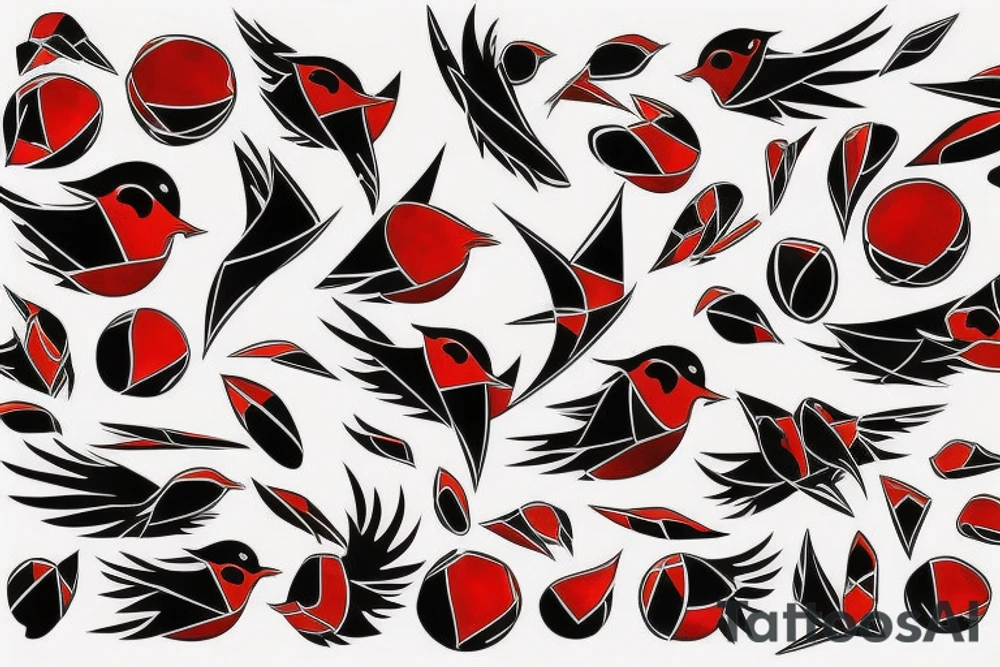 art fusion abstract style robin mid-flight, dynamic, small amount of red accent tattoo idea