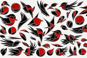 art fusion abstract style robin mid-flight, dynamic, small amount of red accent tattoo idea