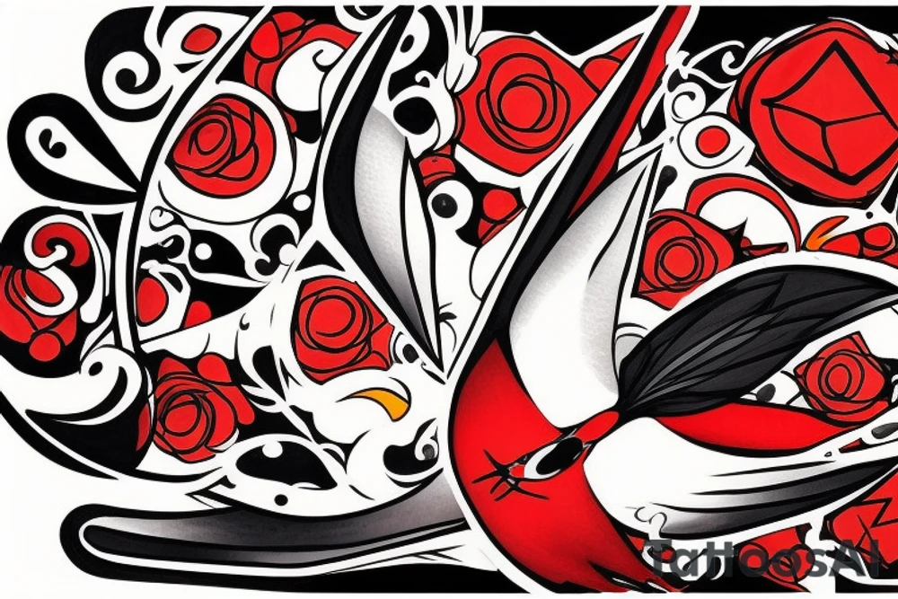 art fusion abstract style robin mid-flight, dynamic, small amount of red accent tattoo idea