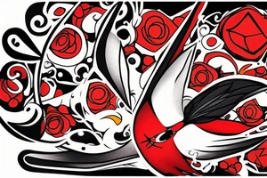 art fusion abstract style robin mid-flight, dynamic, small amount of red accent tattoo idea