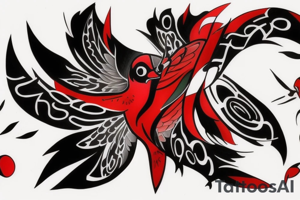 art fusion abstract style robin mid-flight, dynamic, small amount of red accent tattoo idea