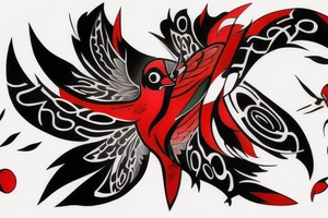 art fusion abstract style robin mid-flight, dynamic, small amount of red accent tattoo idea