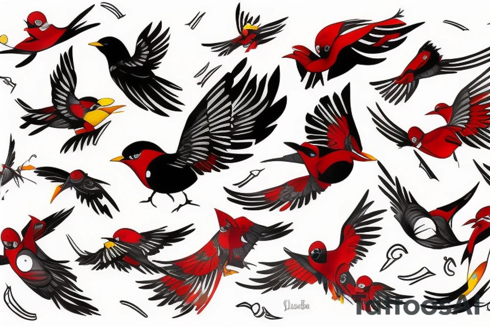 art fusion abstract style robin mid-flight, dynamic, small amount of red accent tattoo idea