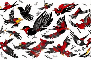 art fusion abstract style robin mid-flight, dynamic, small amount of red accent tattoo idea