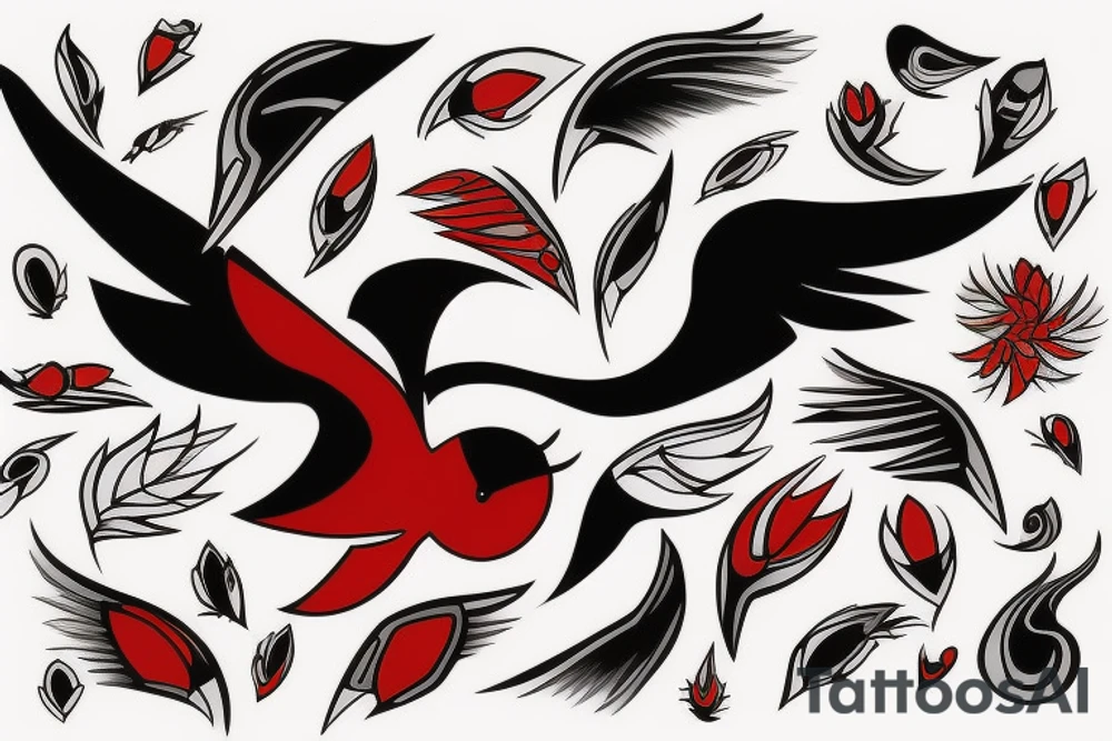art fusion abstract style robin mid-flight, dynamic, small amount of red accent tattoo idea