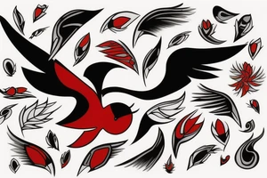 art fusion abstract style robin mid-flight, dynamic, small amount of red accent tattoo idea