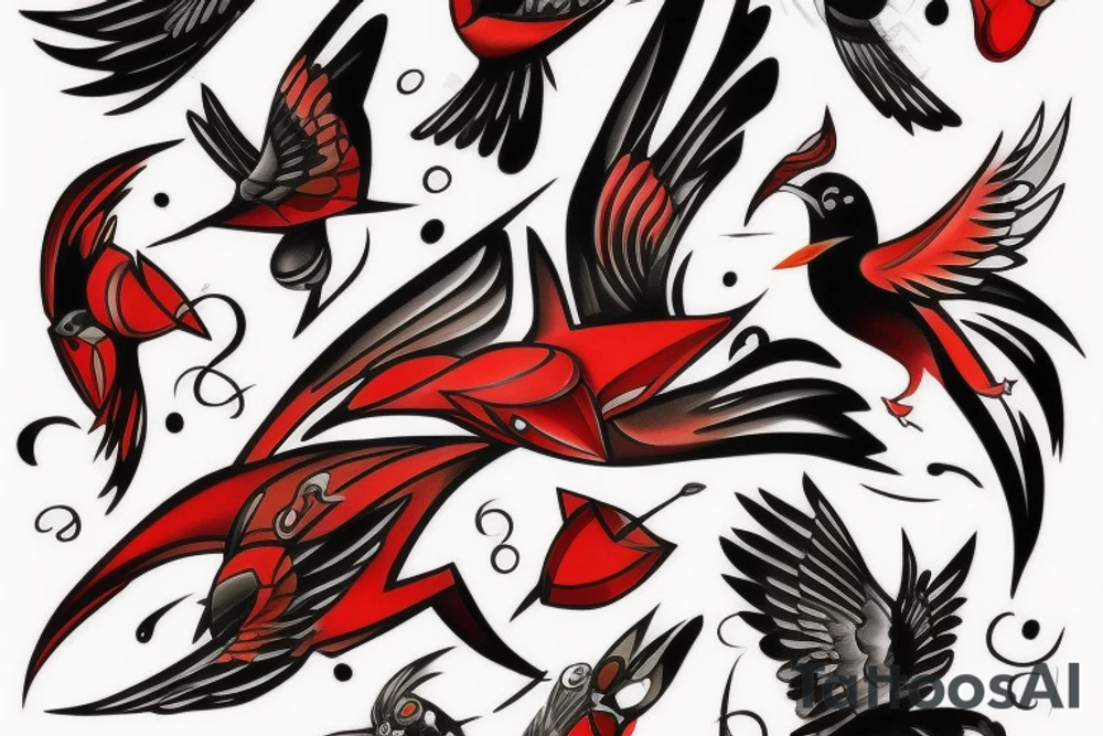 art fusion abstract style robin mid-flight, dynamic, small amount of red accent tattoo idea