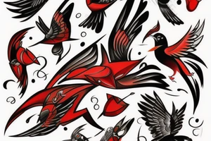art fusion abstract style robin mid-flight, dynamic, small amount of red accent tattoo idea
