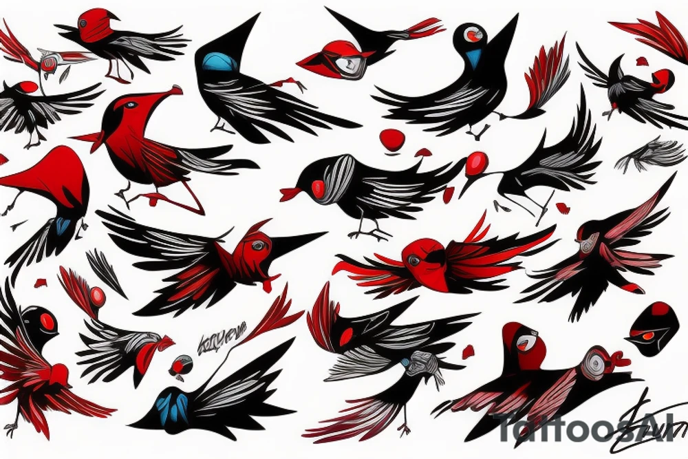 art fusion abstract style robin mid-flight, dynamic, small amount of red accent tattoo idea