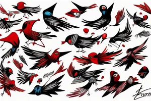 art fusion abstract style robin mid-flight, dynamic, small amount of red accent tattoo idea
