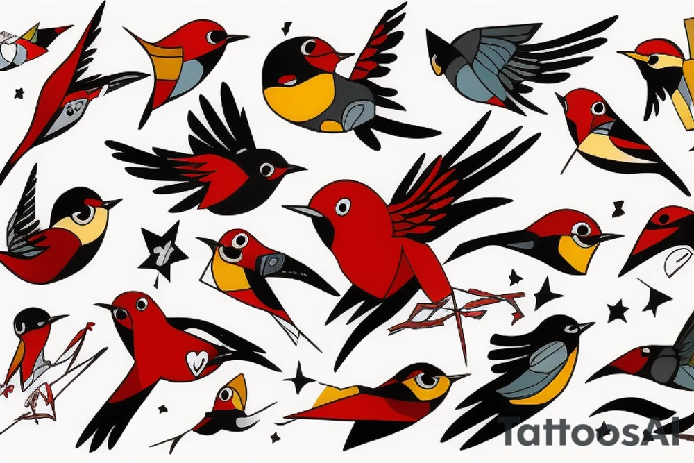 art fusion abstract style robin mid-flight, dynamic, small amount of red accent tattoo idea