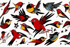 art fusion abstract style robin mid-flight, dynamic, small amount of red accent tattoo idea