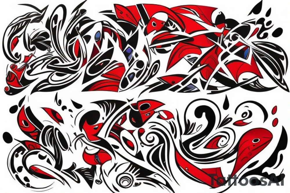 art fusion abstract style robin mid-flight, dynamic, small amount of red accent tattoo idea