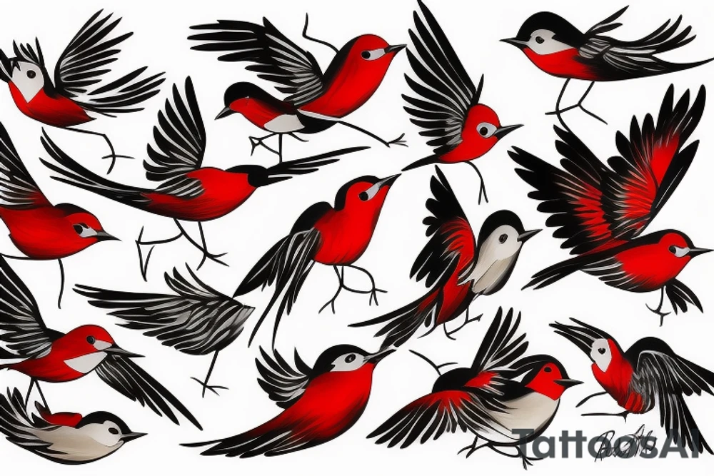art fusion abstract style robin mid-flight, dynamic, small amount of red accent tattoo idea