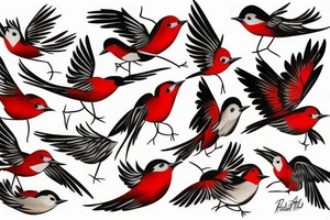 art fusion abstract style robin mid-flight, dynamic, small amount of red accent tattoo idea